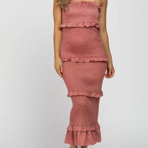 Pinkblush Mauve Satin Smocked Fitted Maternity Midi Dress